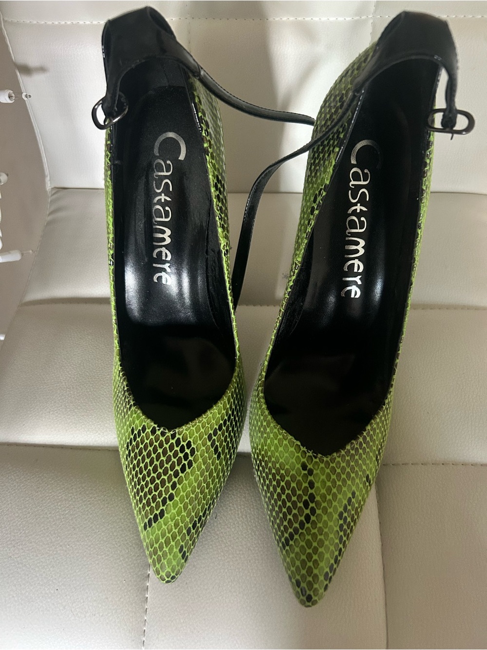 Lime Green Snake-Print Pointed Toe Pumps